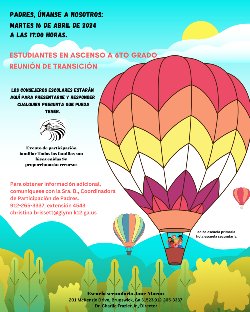 Rising 6th grade parent night flyer on a landscape background with hot air balloon in Spanish