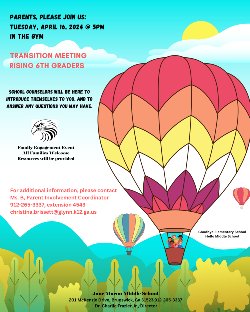 Rising 6th grade parent night flyer on landscape background with hot air balloon